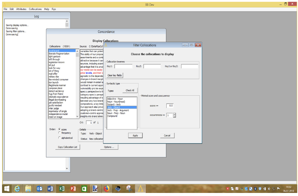 FipsCo screenshot that shows the filtering using collocations patterns