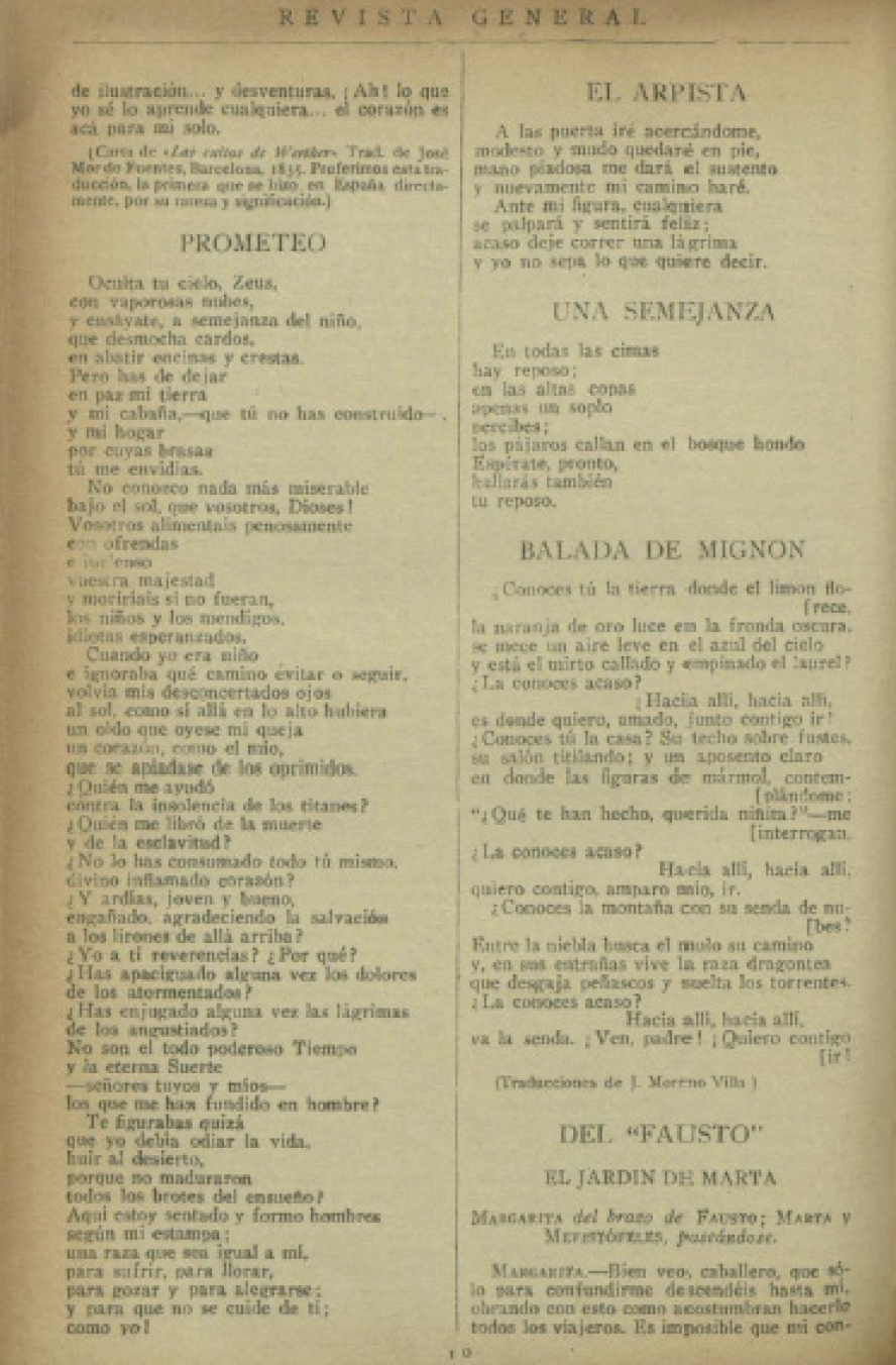 Figura 1. Las traducciones de Goethe publicadas en el número 10 de Revista General (15-04-1918, p. 10). © Biblioteca Nacional de España