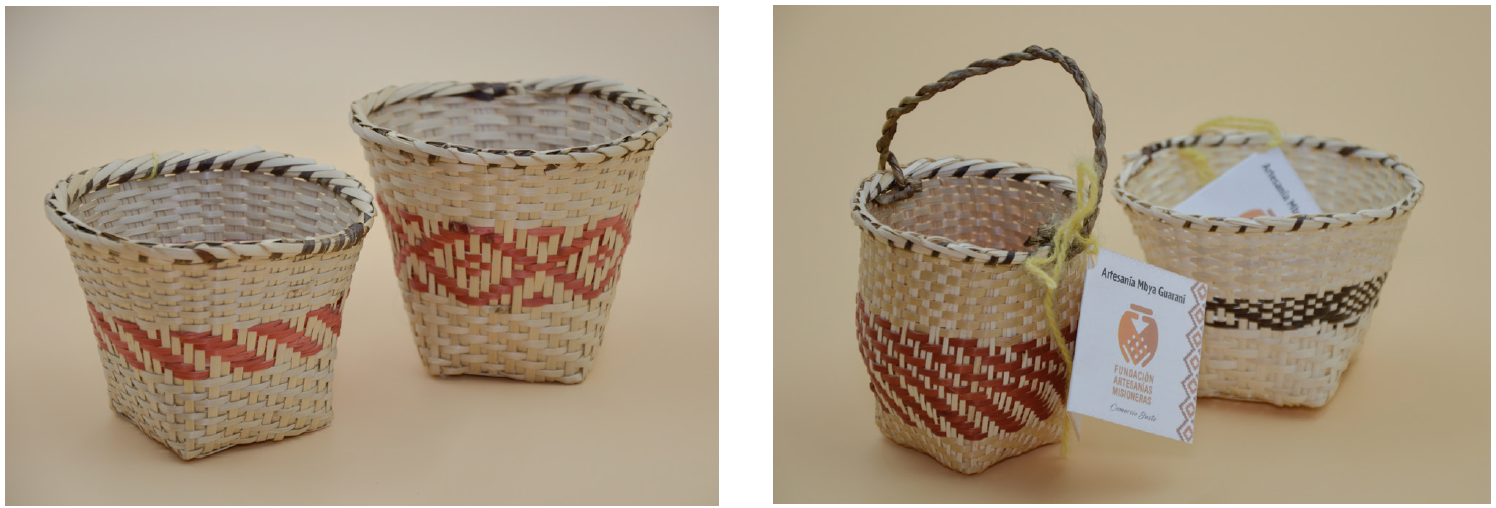 ECanastitos chicos tejidos con tacuarembó y detalles de guardas y tiras de guembepy. (Artesana: Clementina González, de la comunidad Iraka Miri, en Concepción de la Sierra).