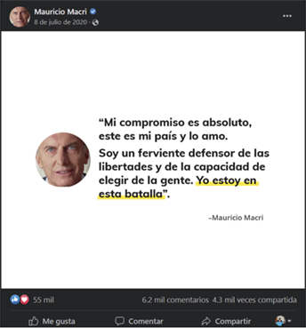 Figura 6. Posteo del 8 de julio de 2020 en apoyo a las «marchas por la libertad». Fuente:&nbsp;página oficial de Facebook.