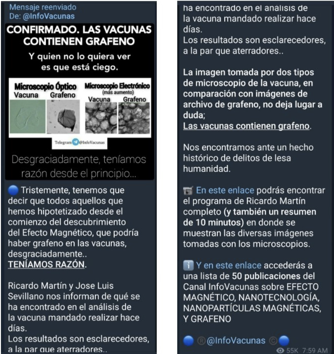 Imagen 1. Difusión de evidencia sobre presencia de grafeno en vacunas.
Fuente: dominio público.
