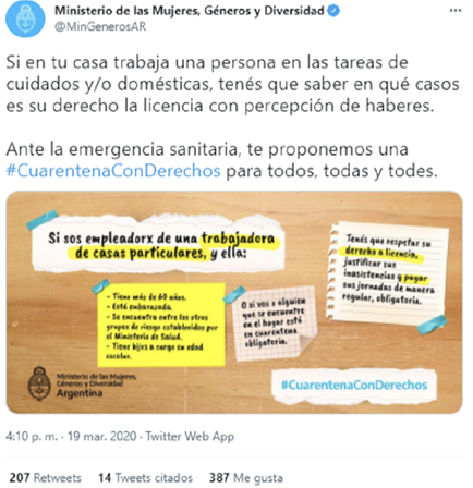 Figura 7. Fuente: cuenta @mingenerosar. Primer posteo con #CuarentenaConDerechos.