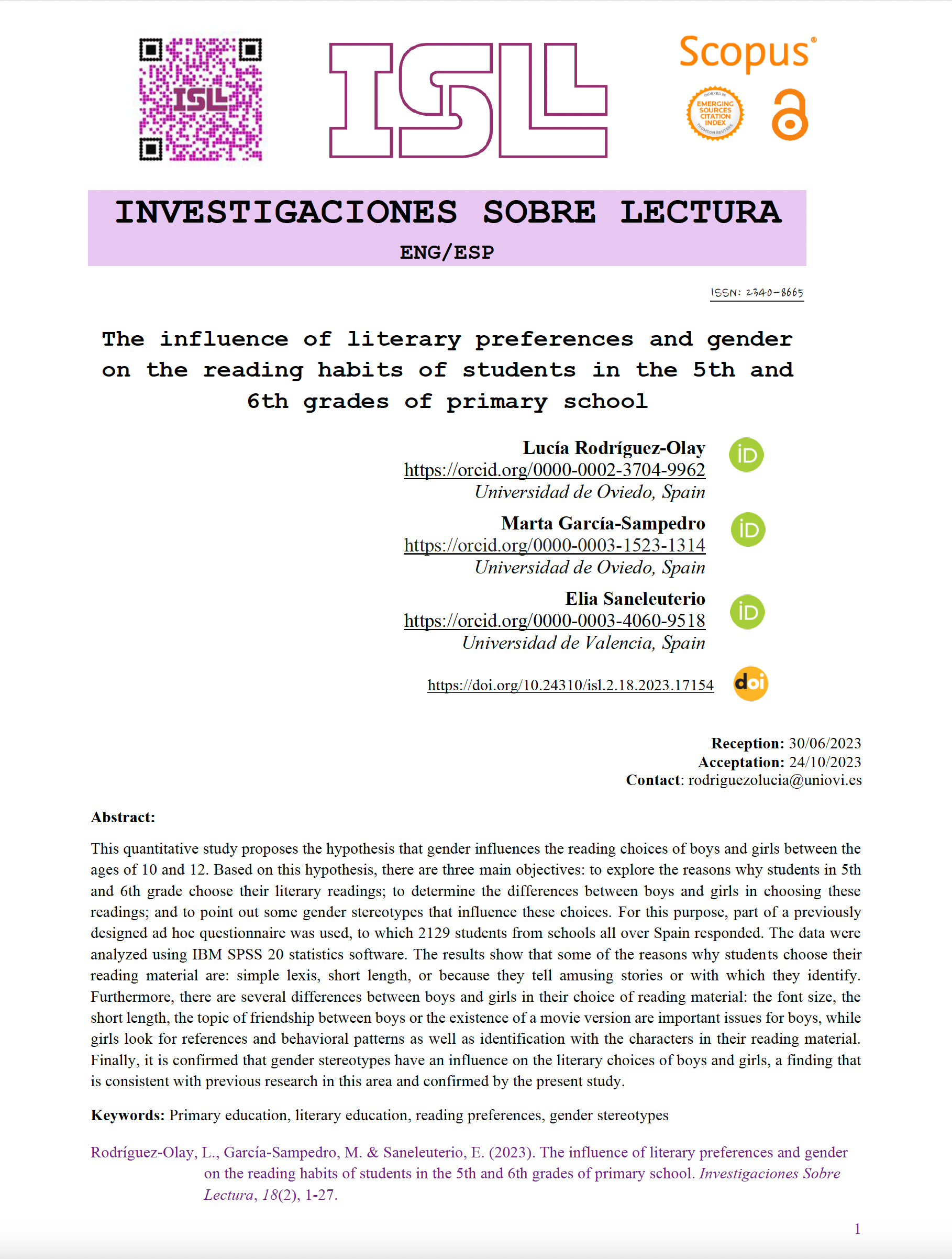 The influence of literary preferences and gender on the reading habits of students in the 5th and 6th grades of primary school